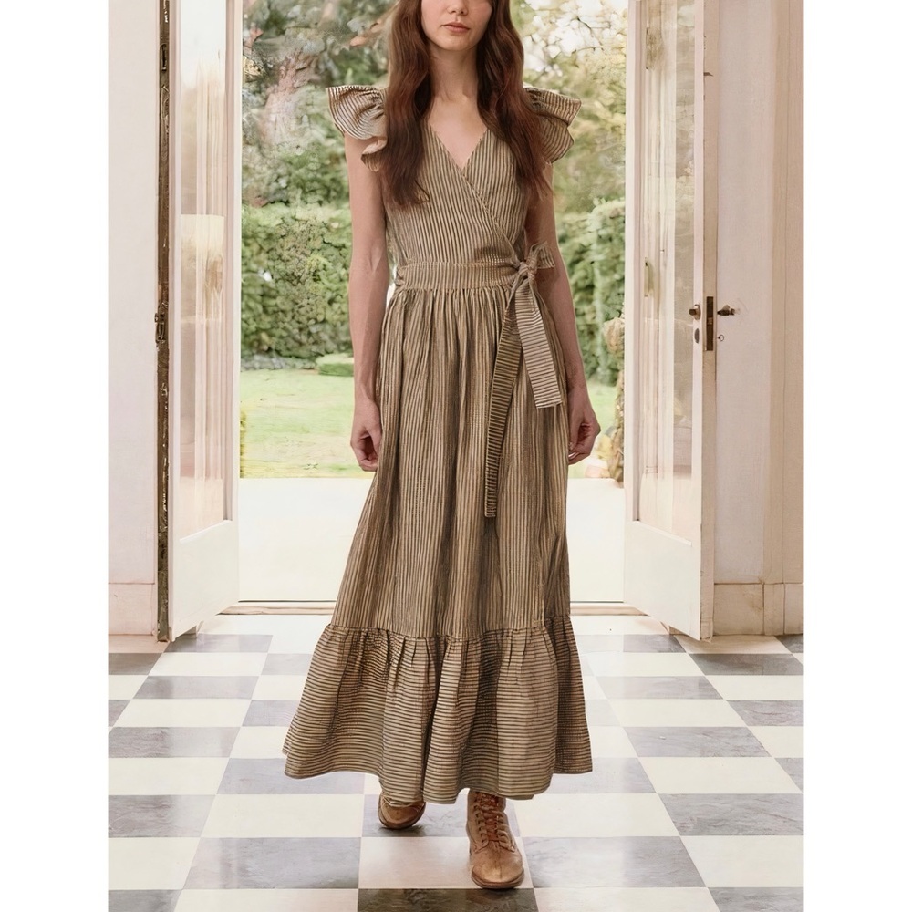 NWOT THE GREAT. Maxi Striped Tiered Flutter-Sleeve The Spree Wrap Dress